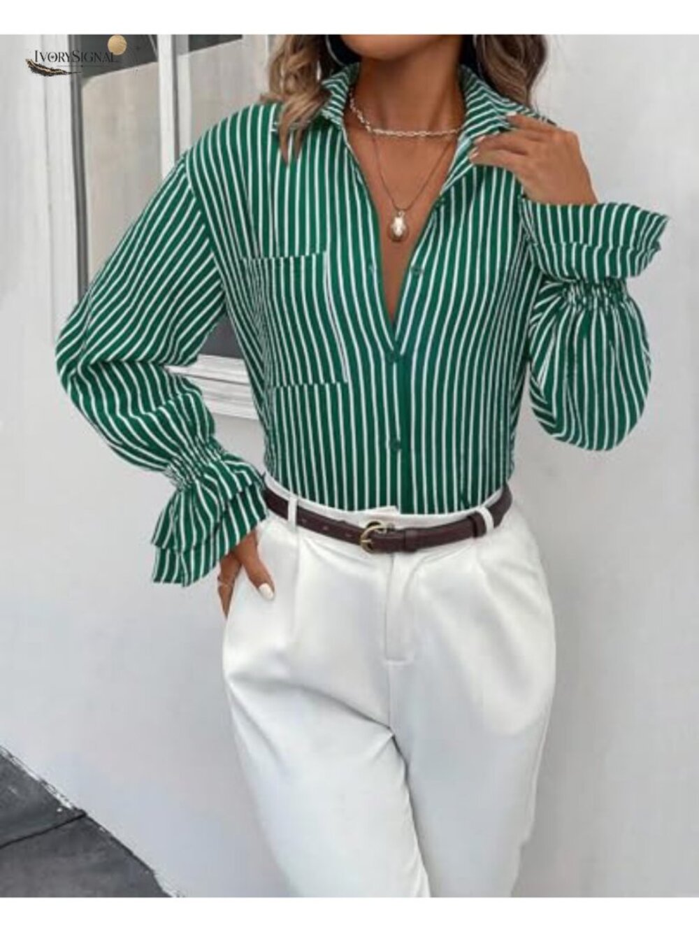 Oversized Striped Button Down Shirt with Ruffle Sleeves - Picture 3 of 4